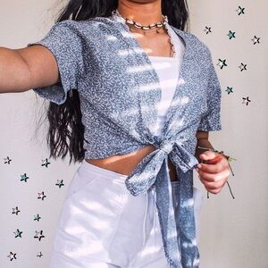 Blue Floral Tie-Front Top